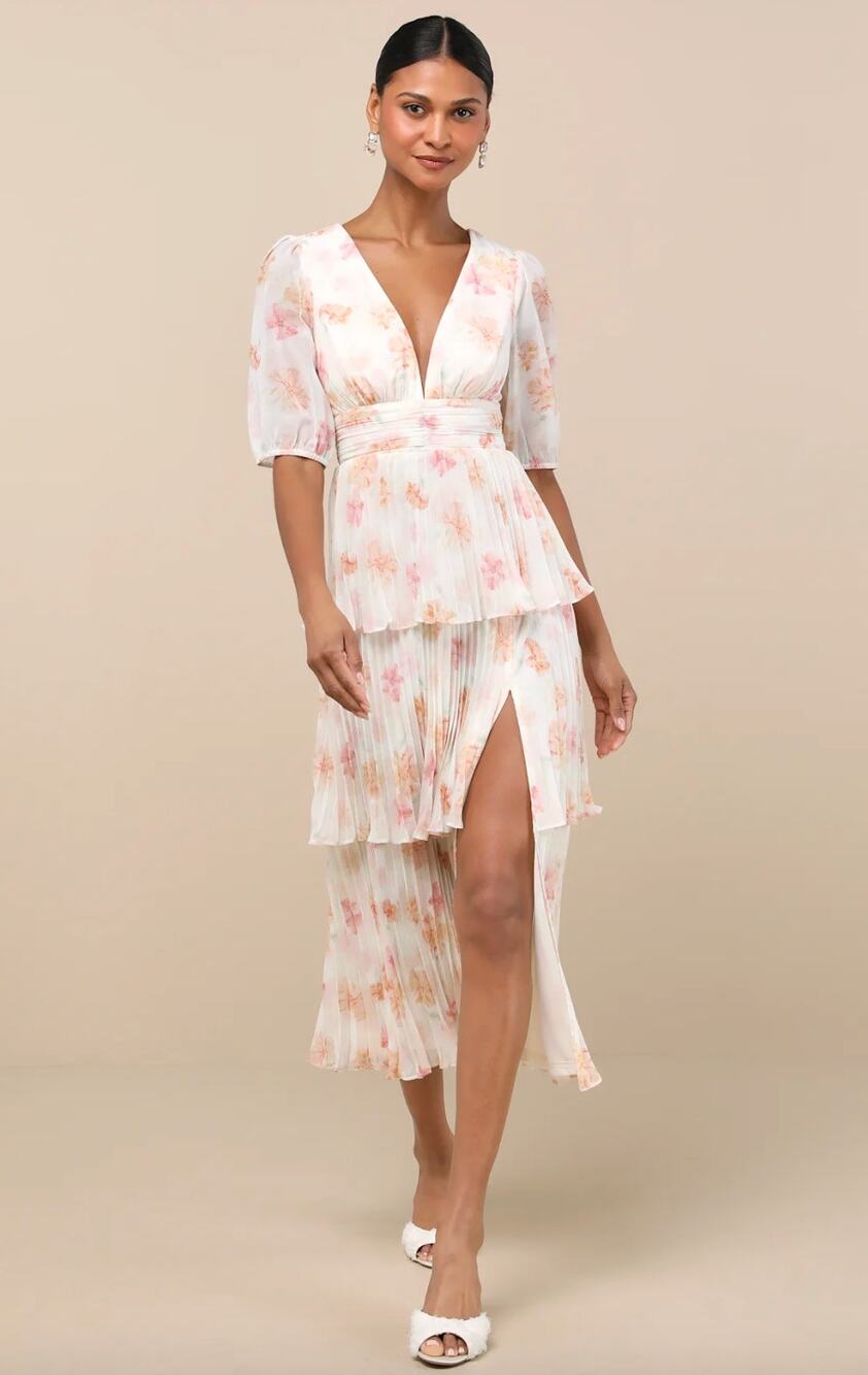 Lulus Jadia Ivory Floral Pleated Tiered Midi Dress Cocktail Party XL NWT